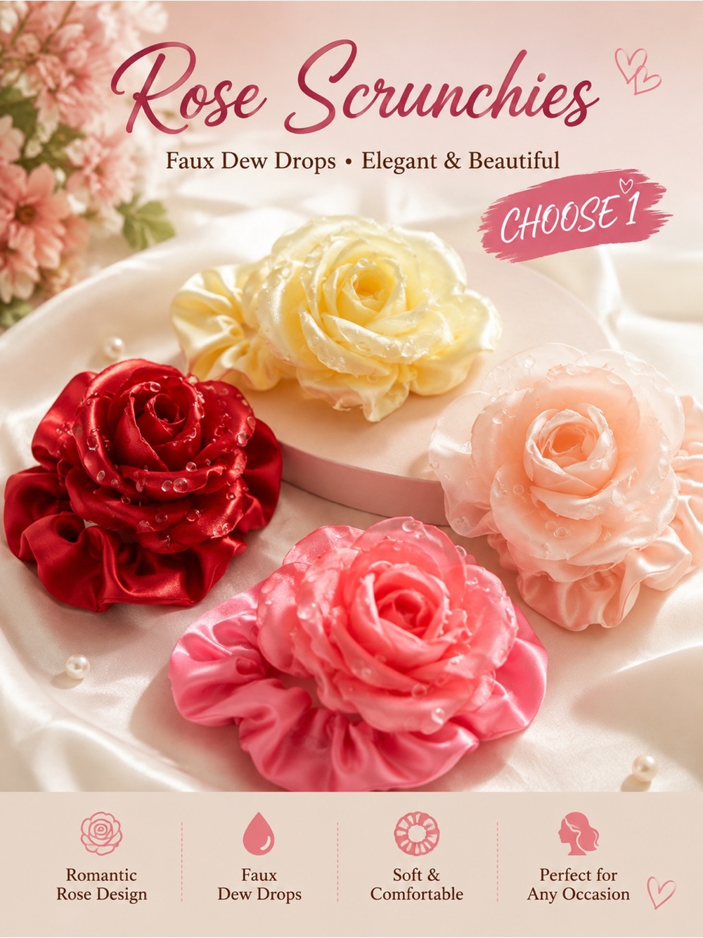 Satin Rose w/ Dew Drops Scrunchies- Choose One Color